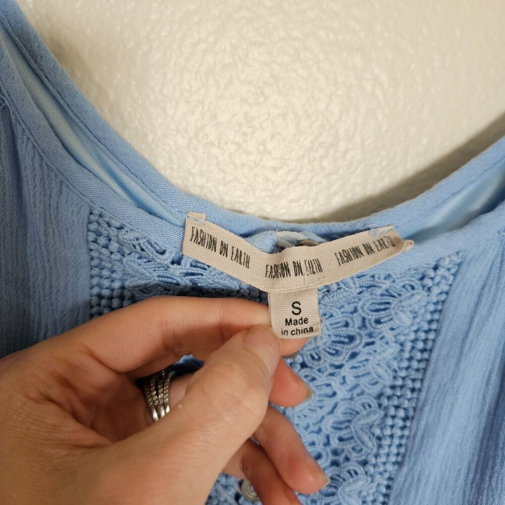 Fashion on Earth Blue Cold Shoulder Mini Dress - Women's S - Lace, Boho, Bell - Picture 3 of 10